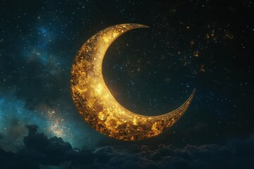 Fototapeta premium A luminous golden crescent moon illuminates a starry night sky with swirling clouds below