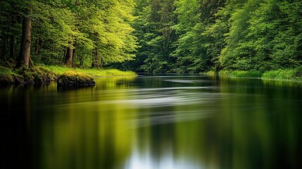 Fototapeta premium Gentle River Flowing Through the Rainforest with Clear Water Reflecting Trees and a Peaceful Atmosphere