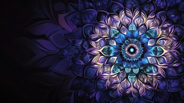 Intricate mandala design featuring vibrant blue and purple hues with a dark background