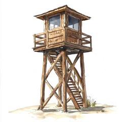 Detailed Watercolor Illustration Of A Wooden Observation Tower