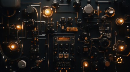 Intricate Control Panel with Vintage Components and Illuminated Lights