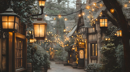 Warm Golden Lit Street Scene With String Lights