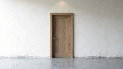A light wood door set within a simple frame against a textured wall, situated in a minimalistic interior space with a polished concrete floor.