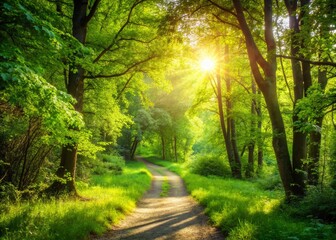 Obraz premium Sunny Summer Forest Path: Lush Green Foliage & Windswept Trees Stock Photo