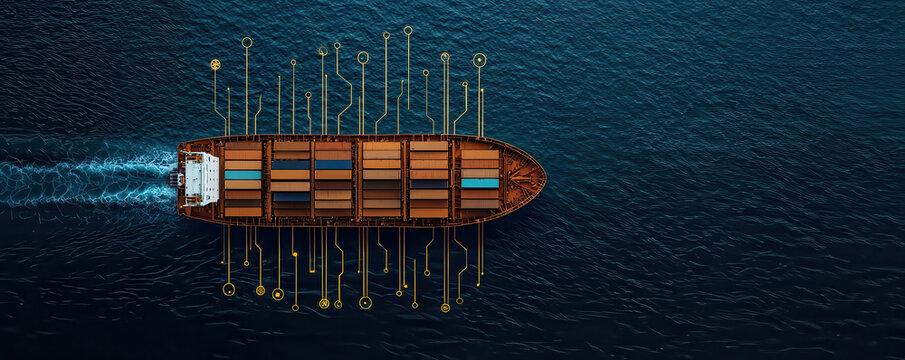 Eco friendly cargo ship utilizing alternative fuel with digital connections. vessel navigates through calm waters, showcasing modern technology and sustainability in shipping
