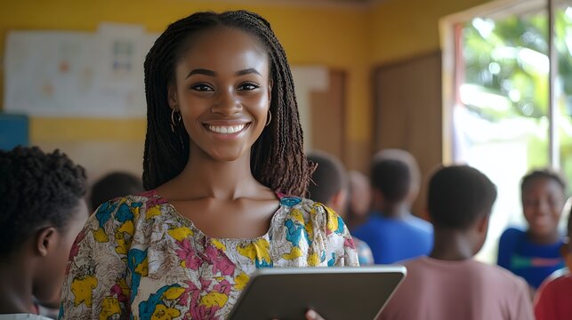 Young African Teacher Smiles Holding a Tablet in Classroom