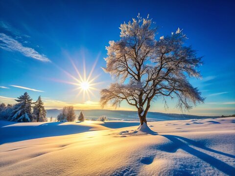 Sunny Winter Landscape Stary Krym Russia Bent Tree Lens Flare Stock Photo