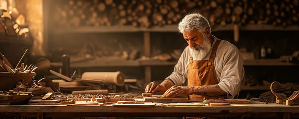 Elderly craftsman carving intricate woodwork in workshop filled with tools and wood. warm light creates serene atmosphere, highlighting craftsmanship and dedication