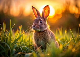 Fototapeta premium Sunset Bunny: Adorable Brown Rabbit in Tall Grass, Golden Hour Portrait
