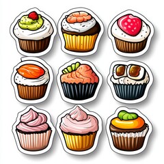 Colorful Cupcake Stickers with Various Toppings and Designs