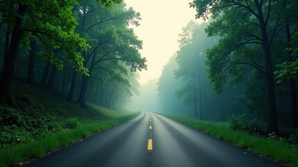 Fototapeta premium Misty Road Through Verdant Forest, Serene and Mysterious Journey Awaits