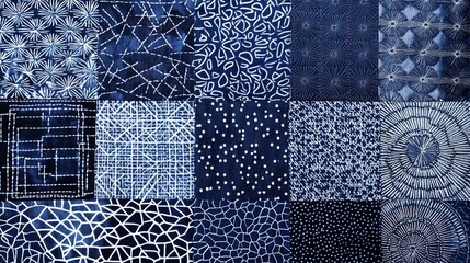 Sashiko Fabric Patches Wallpaper Image: Indigo Color with White Thread for Japanese Vibe