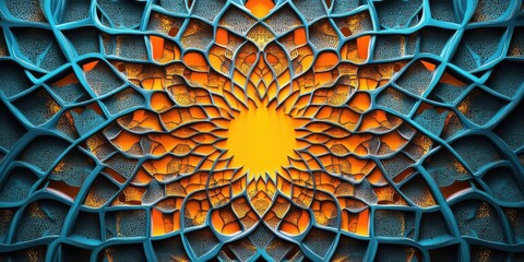 Intricate geometric pattern with vibrant orange and blue hues radiating from a central sun