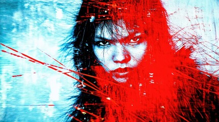 Powerful expression from a deep red and blue artwork depicting intense emotions and strength in a mysterious setting