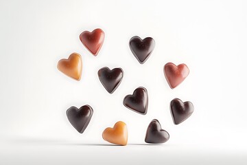 Fototapeta premium A surreal arrangement of floating heart-shaped chocolates, with no shadows, creating an ethereal effect on white.