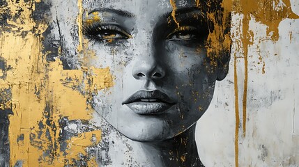 Abstract portrait of a woman with gold and grey paint.