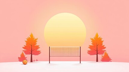 Serene sunset scene with a tennis net and basketball on a colorful autumn landscape