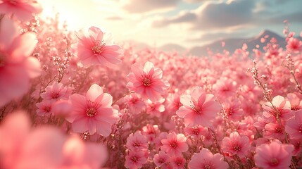 Vibrant pink flowers blooming in a vast field under a warm sunset, with mountains in the background