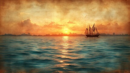Majestic sailing ship on tranquil waters at sunset, with silhouettes of distant city skyline