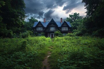 Fototapeta premium Exploring a serene garden overgrown with weeds surrounding a crumbling haunted house with eerie glowing pumpkins at night creating an atmosphere filled with mystery and intrigue