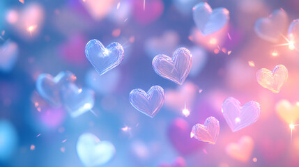 Colorful hearts float in a dreamy background, symbolizing love and affection.