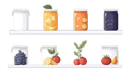 Colorful jars of preserved fruits and vegetables neatly arranged on white shelves in a bright setting