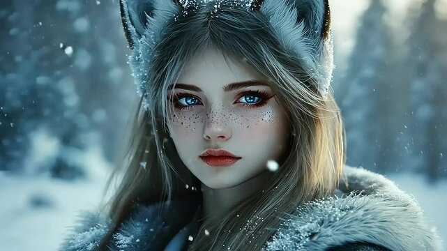 Snow-kissed girl with wolf ears in a winter wonderland.