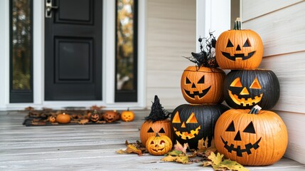 Fototapeta premium Festive stacking of jack-o'-lanterns on a front porch creative pumpkin arrangement halloween decorations outdoor setting close-up view celebratory spirit