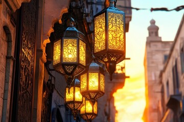 Ornate lanterns illuminated at sunset, casting warm light on historic street architecture