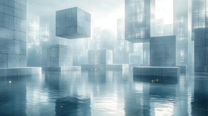 Surreal landscape with floating concrete cubes reflecting in calm water under a misty sky