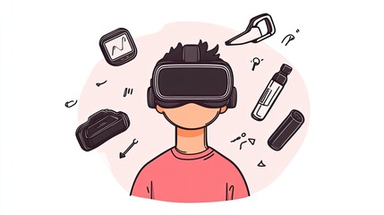 Young person immersed in virtual reality, surrounded by various tools and gadgets, in a creative space