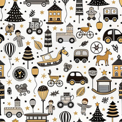 Cute toy pattern, whimsical background, seamless design, decorative texture,  print