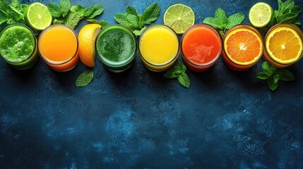 Freshly squeezed fruit juices in colorful glasses arranged on a dark surface with mint leaves