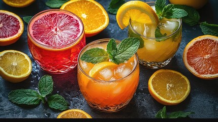 Colorful cocktails with citrus garnishes arranged on a dark surface, showcasing vibrant fruits and mint