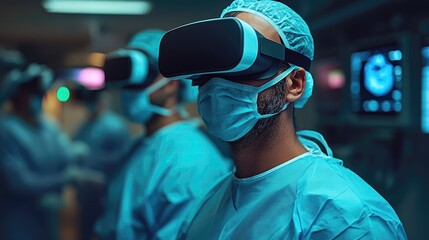 Medical professionals using virtual reality headsets in a high-tech surgical environment