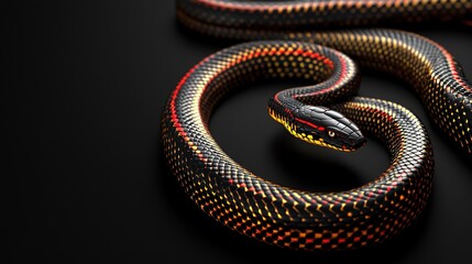 Fototapeta premium Snake with Gold and Red Lines on Body Against Black Background: Gradient Highlights with Space for Copy