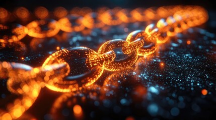 Glowing orange chain links intertwined on a shimmering surface, evoking a sense of connection