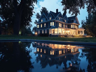 Fototapeta premium Demonstrating traditional ghost hunting practices at an old mansion nighttime cultural exploration photography outdoor setting unique perspective understanding folklore