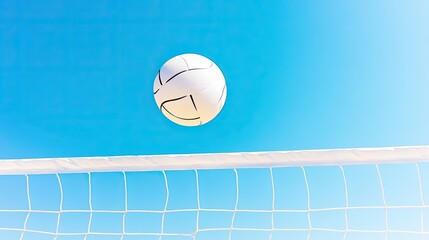 A volleyball soaring through the air above a net under a clear blue sky during a game