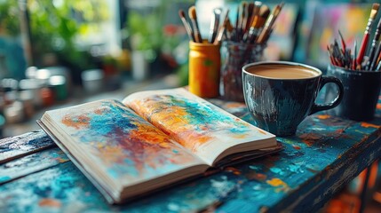 Open art book with vibrant colors on a wooden table beside a coffee cup in a creative studio
