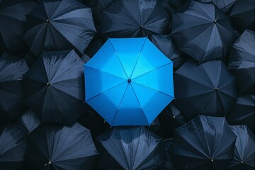 Blue umbrella standing out among dark umbrellas with raindrops on them. Top-down view. Concept of individuality, uniqueness, leadership, and contrast. Ai generative