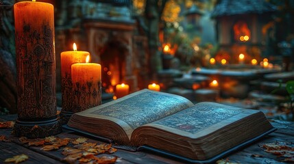 A mystical scene featuring an open ancient book surrounded by glowing candles and autumn leaves