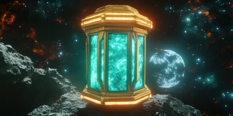Futuristic glowing energy source on a rocky surface with a distant planet in a cosmic backdrop