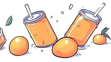 Illustration of spilled orange soda cans and oranges on a white background with splashes