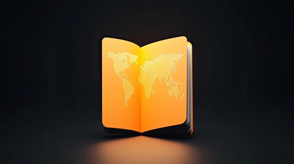 An open book with a world map illustration, set against a dark background, symbolizing knowledge