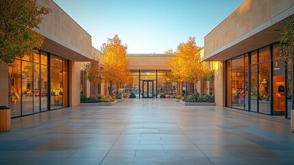 Autumn afternoon at a modern shopping plaza with vibrant trees and clear skies