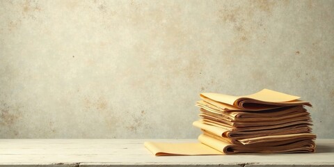 A Stack of Aged Paper Documents on a Rustic Wooden Surface Against a Weathered Wall