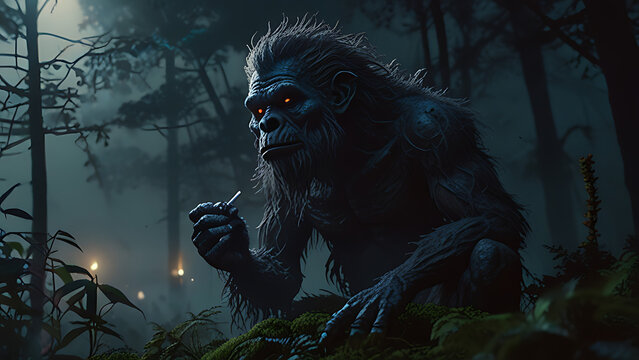 Kapre philippines scary hairy humanoid monster smoking, A werewolf transforming under a full moon surrounded by dark trees, AI Generated
