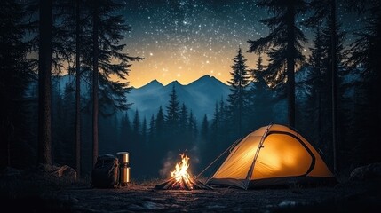 Serene camping scene at twilight with glowing tent, crackling campfire, and starry sky backdrop