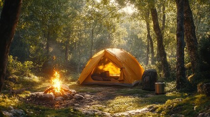 Cozy yellow tent set up in a serene forest clearing with a warm campfire and nature's tranquility